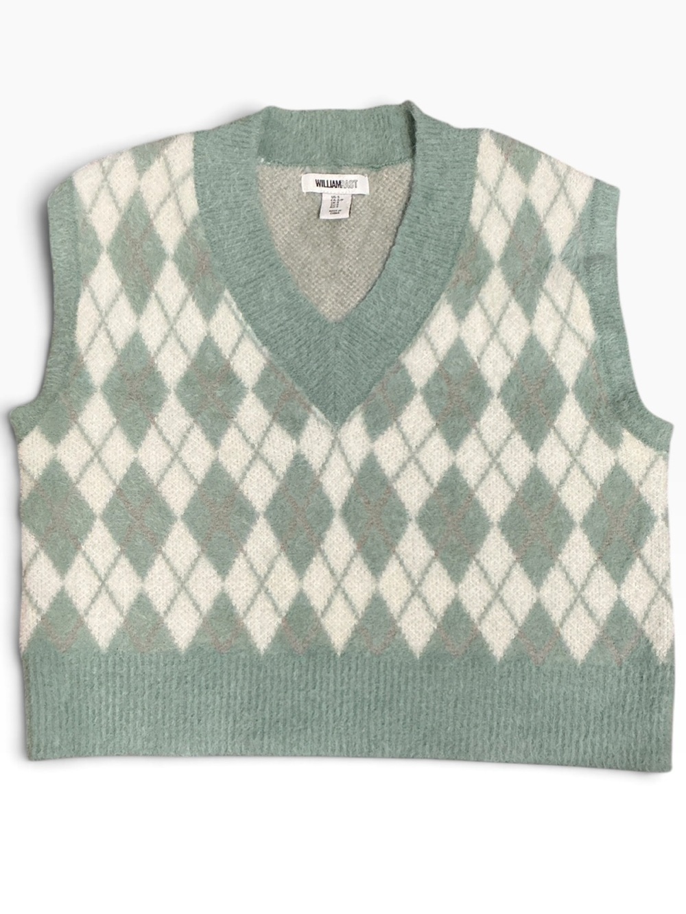 William Rast Mint & Cream Fuzzy Argyle V-Neck Sweater Vest